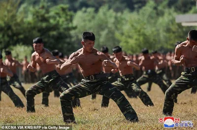 The incident was also cited by South Korea ¿s defence minister Kim Yong-hyun who said it was ¿highly likely¿ to be true. If so, it would be the first confirmation of Kim¿s troops being stationed at or near the front line. This picture taken on October 2, shows troops taking part in training at a base of the Korean People's Army's special operations forces