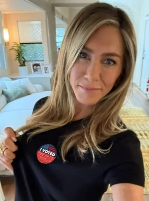 Jennifer Aniston wearing an 'I Voted' sticker