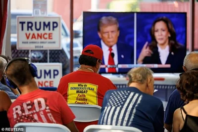 Members of the Escondido Republican Women watch from their headquarters the presidential debate between Democratic presidential nominee, U.S. Vice President Kamala Harris and Republican nominee and former U.S. President Donald Trump in Escondido, California