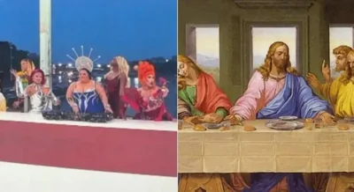 Слева - фрагмент церемонии открытия с участием дрэг-артистов, справа - фрагмент картины "Тайная вечеря". Коллаж: tribuna.com