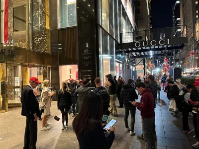 A small gathering of Trump supporters outside Trump Tower in Manhattan on election night. Photograph: Enda O'Dowd