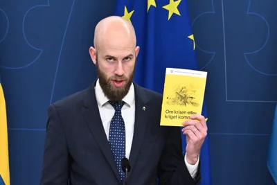 Sweden’s Minister for Civil Defence Carl-Oskar Bohlin presents the new version of the preparedness booklet that will be distributed to all households