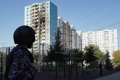 This photo shows a damaged residential building following a drone attack in Ramenskoye in the Moscow region on September 10, 2024.