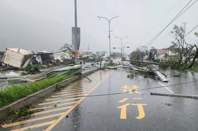 This picture provided by the Hualien County Xincheng Police Station via Taiwan’s Central News Agency (CNA) on October 31, 2024 shows fallen power lines and debris on Provincial Highway 9 due to strong winds and rain from Super Typhoon Kong-rey in Xincheng, Hualien County. PHOTO BY VARIOUS SOURCES / AFP