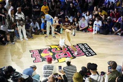 Christian Walker, above, B-Boy Mach Phive, competes against Brandon McCrimmon, B-Boy No Centss, during the Red Bull BC One East Cypher breakdancing event, Aug. 12, 2023.