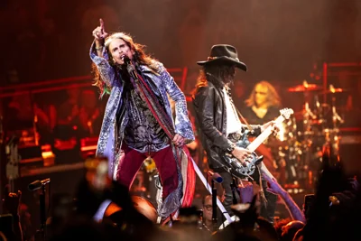 Aerosmith’s Steven Tyler and Joe Perry performing on their “Peace Out” farewell tour in Philadelphia in September 2023