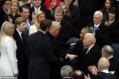 Former President Barack Obama and former Vice President Joe Biden congratulate President Donald Trump after he took the oath of office on January 20, 2017