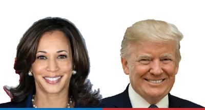 official headshots of Kamala Harris and Donald Trump, smiling, positioned next to each other with a blue line under Harris and a red line under Trump