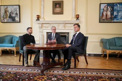 UK Prime Minister Keir Starmer, centre, NATO Secretary General Mark Rutte, right, and Ukrainian President Volodymyr Zelenskyy