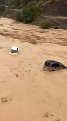 Footage shows cars bobbing down the road as floods sweep across eastern and southern Spain