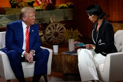 Former President Donald Trump speaks during a break in a Fox News town hall with Harris Faulkner on Oct. 15, 2024, in Cumming, Georgia. 