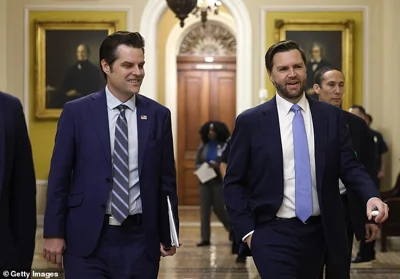 Former Rep. Matt Gaetz (L) the President-elect Donald Trump's nominee to be Attorney General walks alongside Vice President-elect JD Vance (R) as they arrive for meetings with Senators at the U.S. Capitol on November 20, 2024 in Washington, D.C.