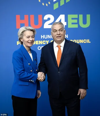 Hungarian Prime Minister Viktor Orban welcomes European Commission President Ursula von der Leyen at an informal summit of the European Council today