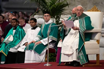 Pope Francis delivers his speech as he presides over a mass for the conclusion of the second session of the 16th General Assembly of the Synod of Bishops, in St. Peter's Basilica at the Vatica