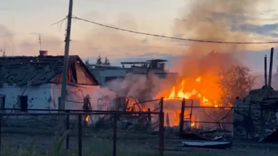 A building in Kursk town goes up in flames