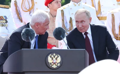 Putin and defence minister Andrei Belousov were allegedly at the heart of the Ukrainian assassination attempt at the Navy Day parade in St Petersburg on July 28