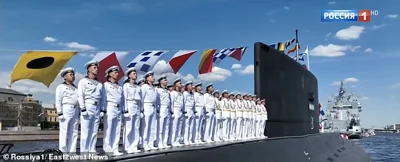 Image shows members of Russian Navy during Navy Day parade on July 28