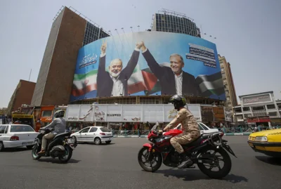 Haniyeh, and, Pezeshkian, billboard, Tehran, Iran