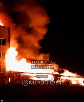 Video footage seemingly shows huge flames engulfing what is thought to be a block of flats in the town of Shebekino in Russia's Belgorod region on Saturday evening