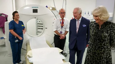 Britain's King Charles III arrives to visit to the University College Hospital Macmillan Cancer Centre in London, Tuesday April 30, 2024. (Suzanne Plunkett, Pool Photo via AP)