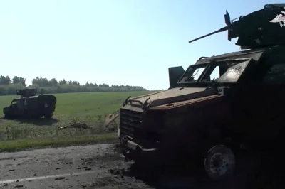 A view shows damaged military vehicles, what is said to be a Ukrainian convoy destroyed by soldiers of the Russian naval infantry in the course of Russia-Ukraine conflict in the Kursk region, Russia, in this still image from video released August 20, 2024. Russian Defence Ministry/Handout via REUTERS ATTENTION EDITORS - THIS IMAGE HAS BEEN SUPPLIED BY A THIRD PARTY. NO RESALES. NO ARCHIVES. MANDATORY CREDIT. WATERMARK FROM SOURCE.