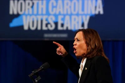 Democratic presidential nominee U.S. Vice President Kamala Harris gestures