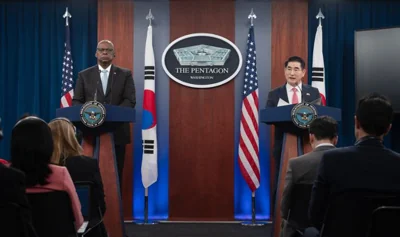 U.S. Secretary of Defense Lloyd Austin, left, and South Korean Defense Minister Kim Yong-hyun speak during a press conference following their annual Security Consultative Meeting in Washington, Wednesday (local time). Courtesy of Ministry of National Defense 