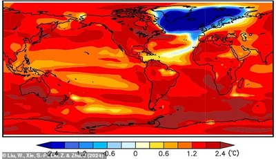 C3S also found that sea ice coverage was 19 per cent lower than average. Some studies suggest that melting sea ice could lead to the collapse of ocean currents, creating a 'cold bubble' over Europe (pictured) and plunging the UK into a 'new Ice Age'