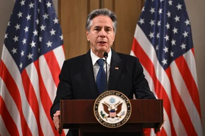 U.S. Secretary of State Antony Blinken delivers a statement to the press after the meeting with the foreign ministers of the Arab Contact Group on Syria in Jordan's southern city of Aqaba on December 14, 2024. (Photo by ANDREW CABALLERO-REYNOLDS/AFP via Getty Images)