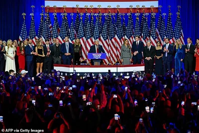 Trump was joined on stage by family - including daughter Ivanka and son-in-law Jared Kushner who had been absent from the campaign - aides and political supporters