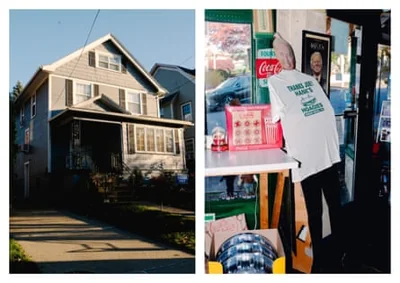 Composite of a two-story home with aluminum siding on left, and sandwich counter with cut-out of Joe Biden on right.