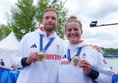 Brother and sister Tom and Emily Ford celebrate their respective rowing gold and bronze medals, won just 20 minutes apart in the men’s and women’s eight finals (Peter Byrne/PA)