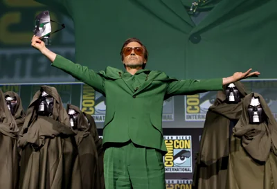 Robert Downey Jr speaks onstage during the Marvel Studios Panel in Hall H at SDCC in San Diego, California on 27 July 2024