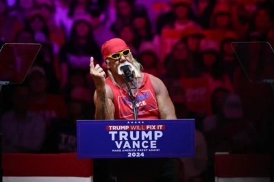 Former pro wrestler Hulk Hogan speaks at a campaign rally for former US President and Republican presidential candidate Donald Trump at Madison Square Garden in New York on October 27, 2024. AFP PHOTO