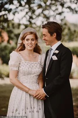 Princess Beatrice and Edoardo Mapelli Mozzi are photographed after their wedding in the grounds of Royal Lodge on July 18, 2020 in Windsor