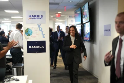 Kamala Harris enters her campaign headquarters in Delaware