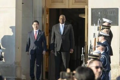 PARTNERS Defense Secretary Lloyd Austin welcomes South Korean Defense Minister Kim Yong Hyun to the Pentagon on October 30, 2024, in Washington. AP Photo/Kevin Wolf