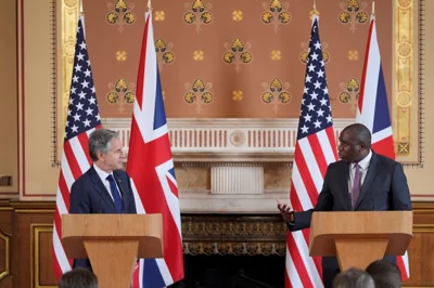 Secretary of State Antony Blinken and Britain's Foreign Secretary David Lammy hold a joint press conference in the Locarno room at the Foreign, Commonwealth and Development Office (FCDO) in London, Britain, September 10, 2024. Mark Schiefelbein/Pool via REUTERS