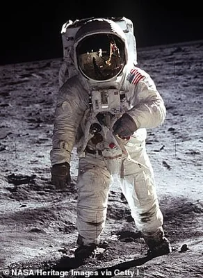 Apollo 11 Astronaut Buzz Aldrin walks on the surface of the moon on July 21, 1969, the second human to walk on the lunar surface after mission commander Neil Armstrong