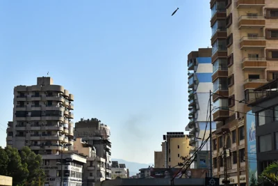 An Israeli missile is pictured before hitting a building in Beirut’s southern Shayah neighbourhood