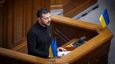 Ukraine's President Volodymyr Zelenskyy speaks to parliamentarians at Verkhovna Rada in Kyiv, Ukraine on Oct. 16, 2024.