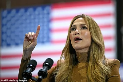 Jennifer Lopez speaks during a campaign rally for Kamala Harris at the Craig Ranch Amphitheater in Las Vegas, Nevada, on October 31, 2024