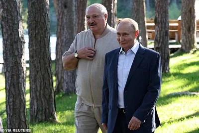 Russian President Vladimir Putin and his Belarusian counterpart Alexander Lukashenko visit the Chapel of the Valaam Icon of the Mother of God on Svetly Island, Russia on July 26