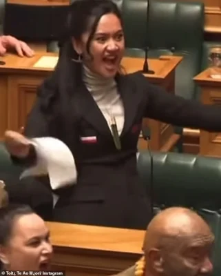 As each party was called to provide their votes for the Treaty Principles Bill on Thursday afternoon, Hauraki Waikato MP Hana-Rawhiti Maipi-Clarke of the Te Pati Maori Party erupted into a haka (pictured)