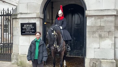 The woman is pictured standing next to the King's Life Guard just before she reaches out to stroke the horse, when she gets much more than she bargained for