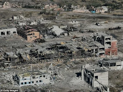 An aerial view shows the destroyed city of Vovchansk in the Kharkiv Region near the border with Russia, on October 2, 2024 in Vovchansk, Ukraine