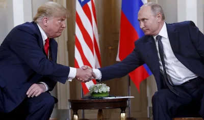 Trump and Putin Shaking Hands 