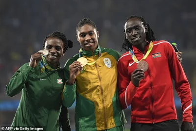 Silver medallist Burundi's Francine Niyonsaba, gold medallist South Africa's Caster Semenya, and bronze medallist Kenya's Margaret Nyairera Wambui on the podium after the women's 800m at the Rio Olympics