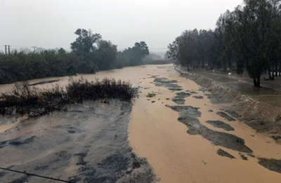 The overflowing Guadalhorce river in Cartama, Malaga, Andalusia