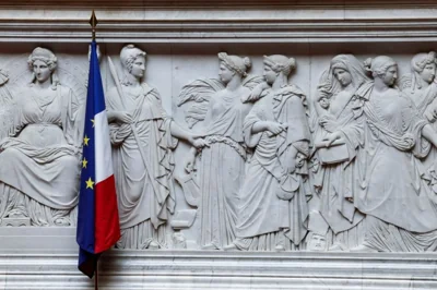 A relief panel sculpture is pictured in the hemicycle of the French National Assembly before the first round of the early French parliamentary elections, in Paris, France, June 27, 2024. REUTERS/Benoit Tessier